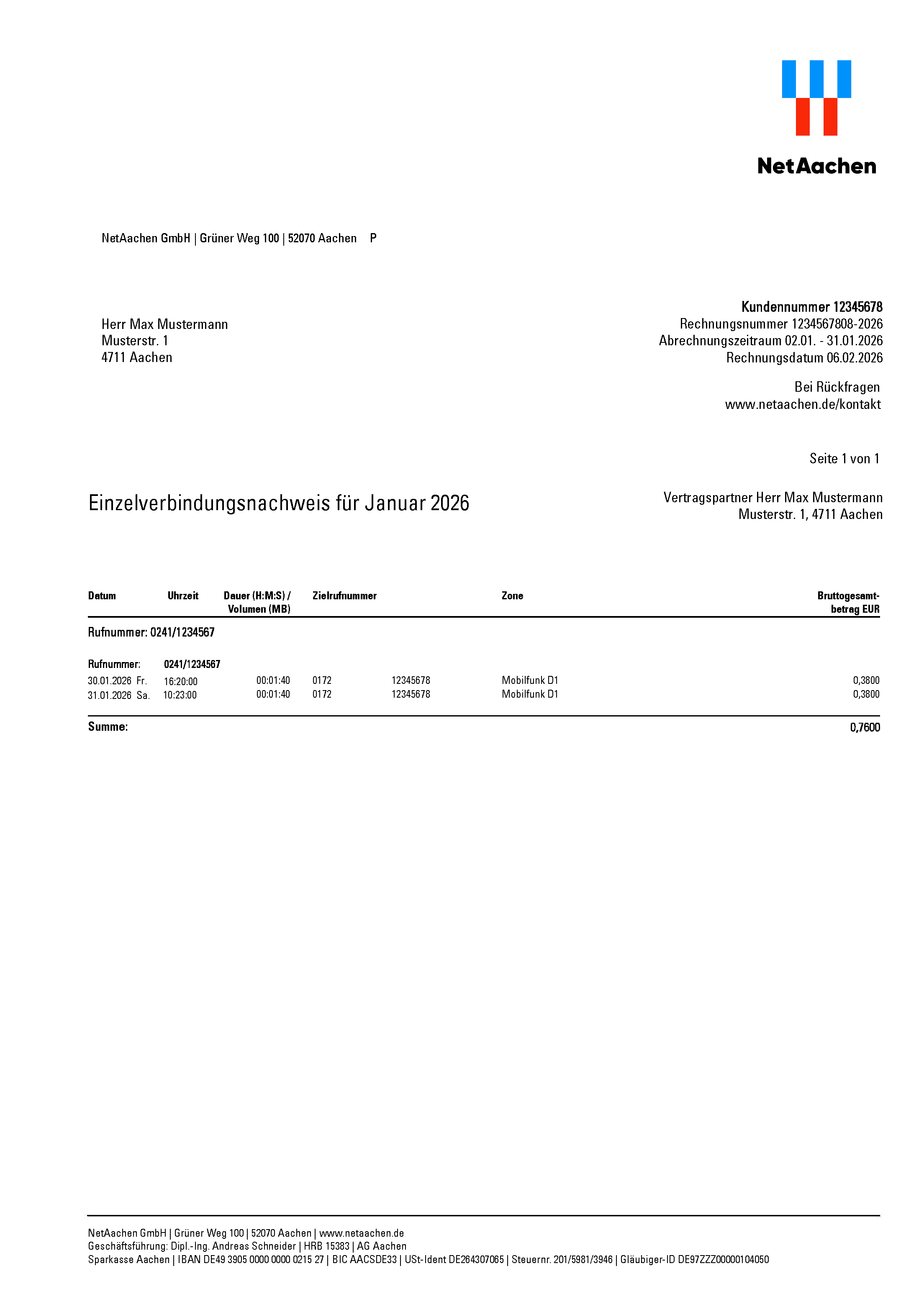 NetAachen Einzelverbindungsnachweis