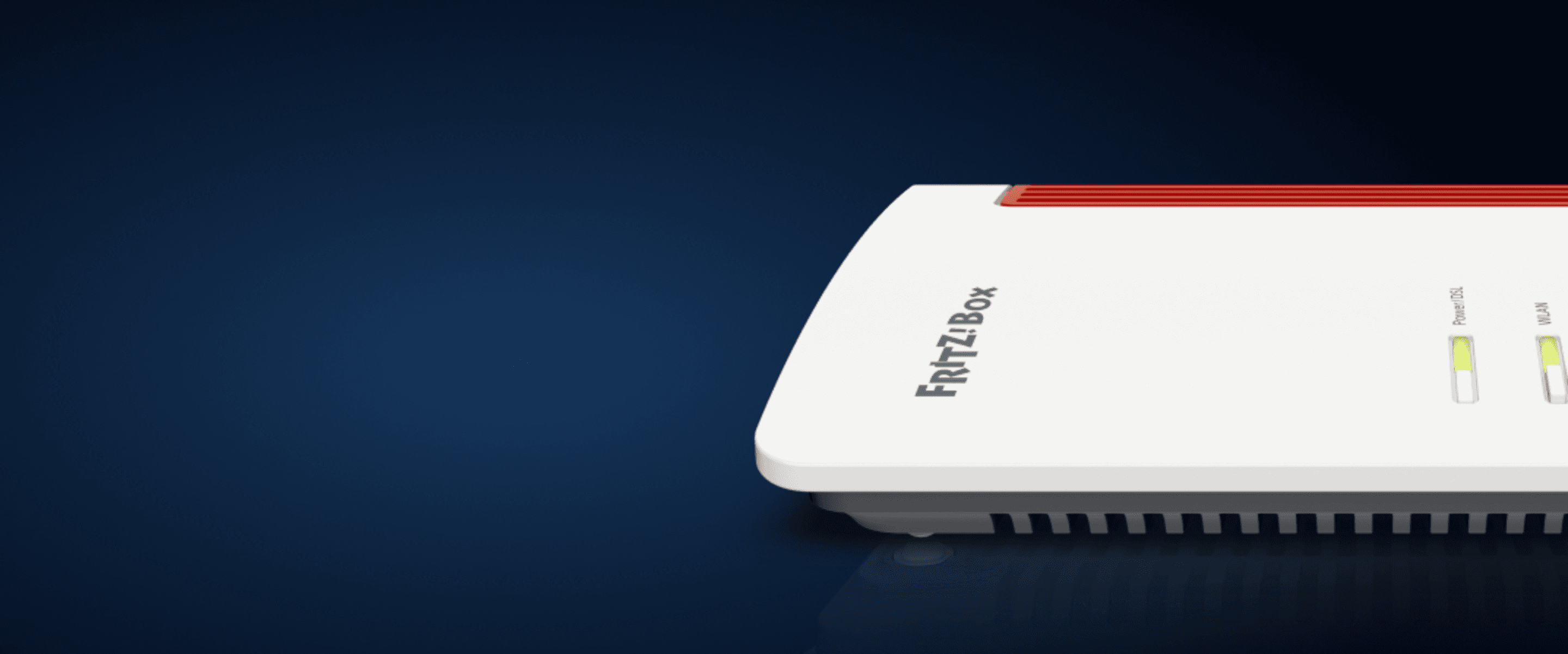 Verfügbarkeit prüfen Dunkelblauer Hintergrund auf der eine FRITZ!Box abgebildet ist