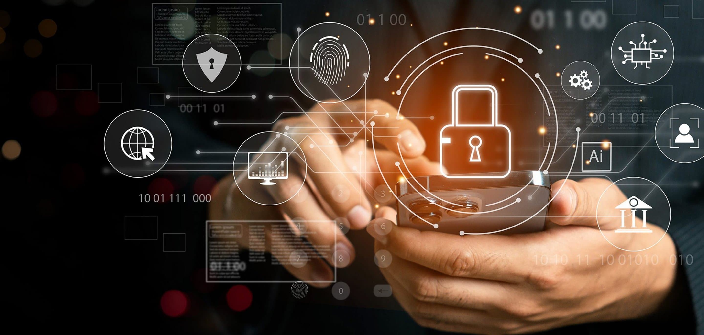Nahaufnahme von Händen, die ein Smartphone halten, umgeben von digitalen Symbolen für Sicherheit, Fingerabdruck, KI, Netzwerk und Datenanalyse.