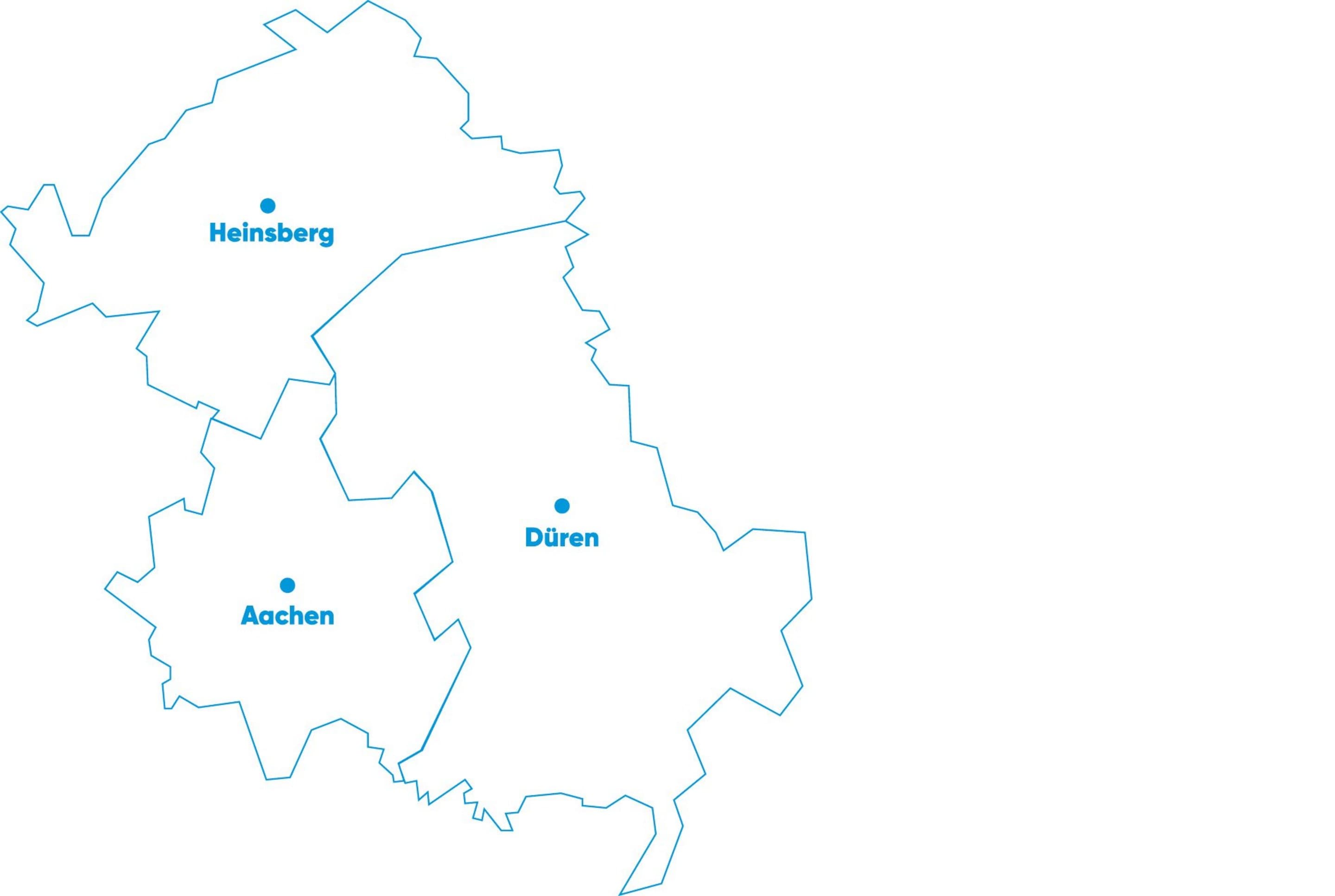 Karte des NetAachen-Vertriebsgebiets mit den markierten Städten Aachen, Düren und Heinsberg.