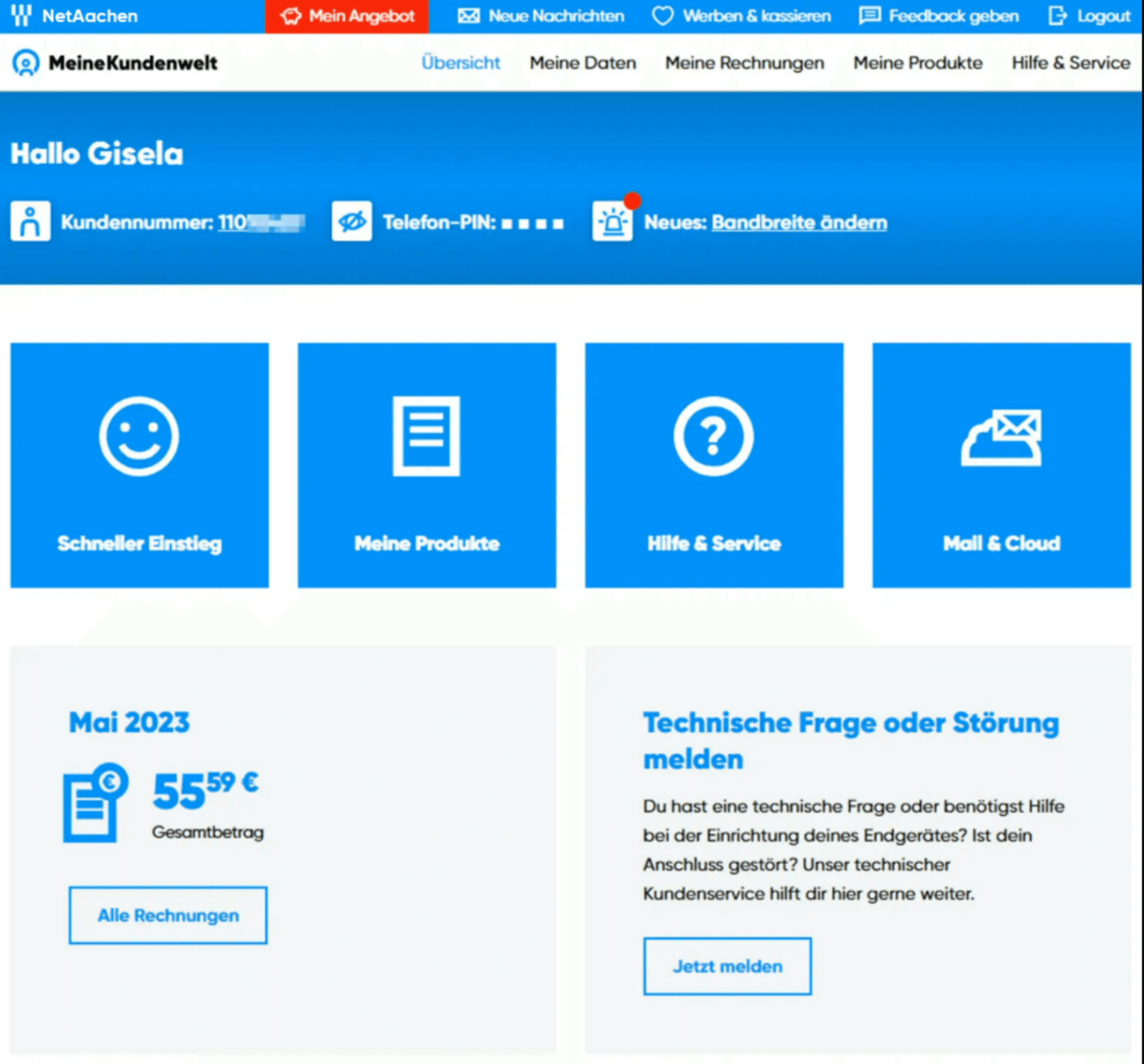 NetAachen Kundenwelt Screenshot der NetAachen Kundenwelt mit blauem Dashboard, Begrüßung ‚Hallo Gisela‘, Kundendaten, Navigation und Kacheln für Schneller Einstieg, Meine Produkte, Hilfe & Service sowie Mail & Cloud. Unten Rechnungsübersicht für Mai 2023 und Bereich zur Störungsmeldung.