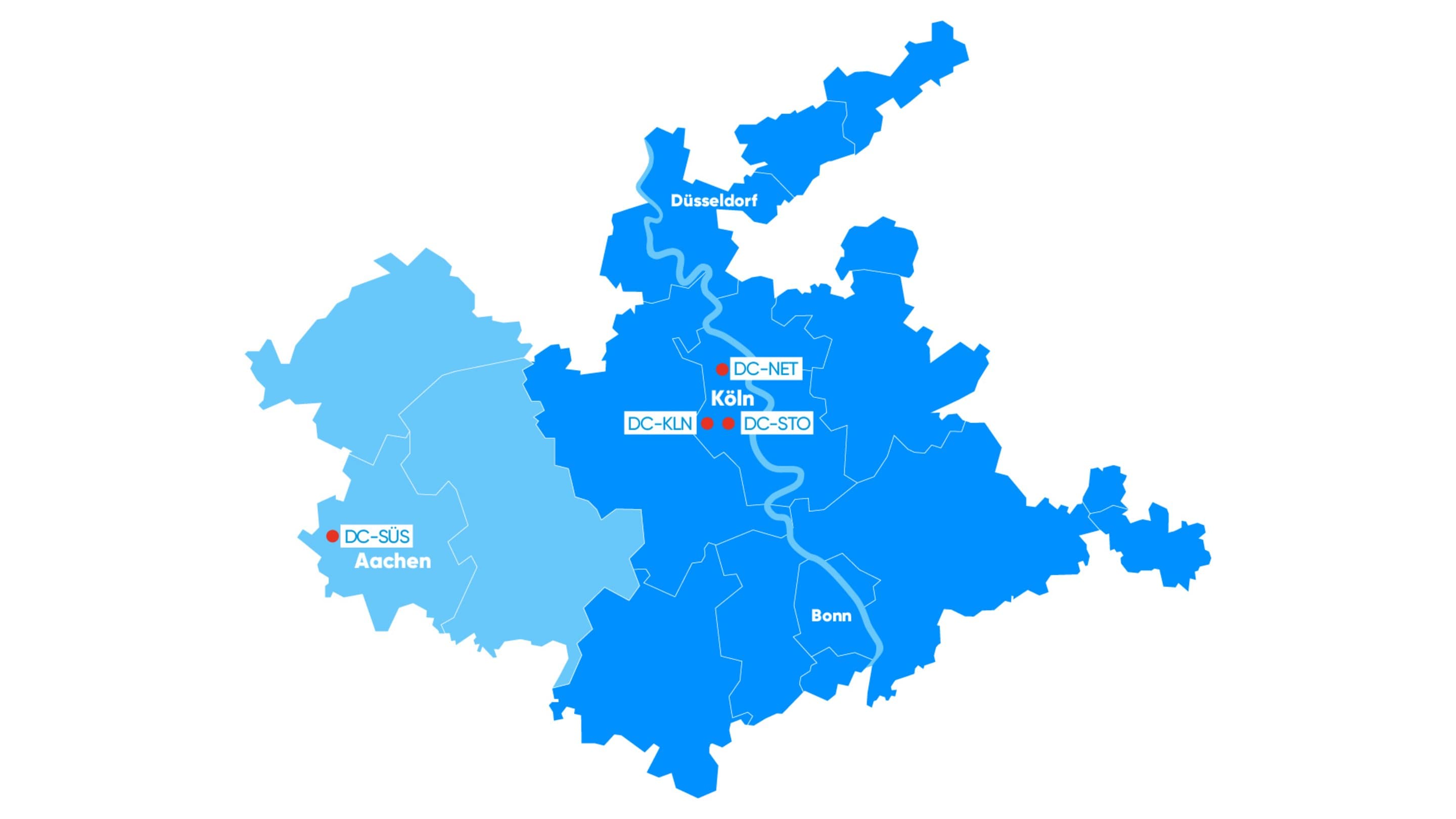 Die Standorte der Rechenzentren von NetCologne Die Karten zeigt die Standorte der Rechenzentren von NetCologne in Aachen und Köln.