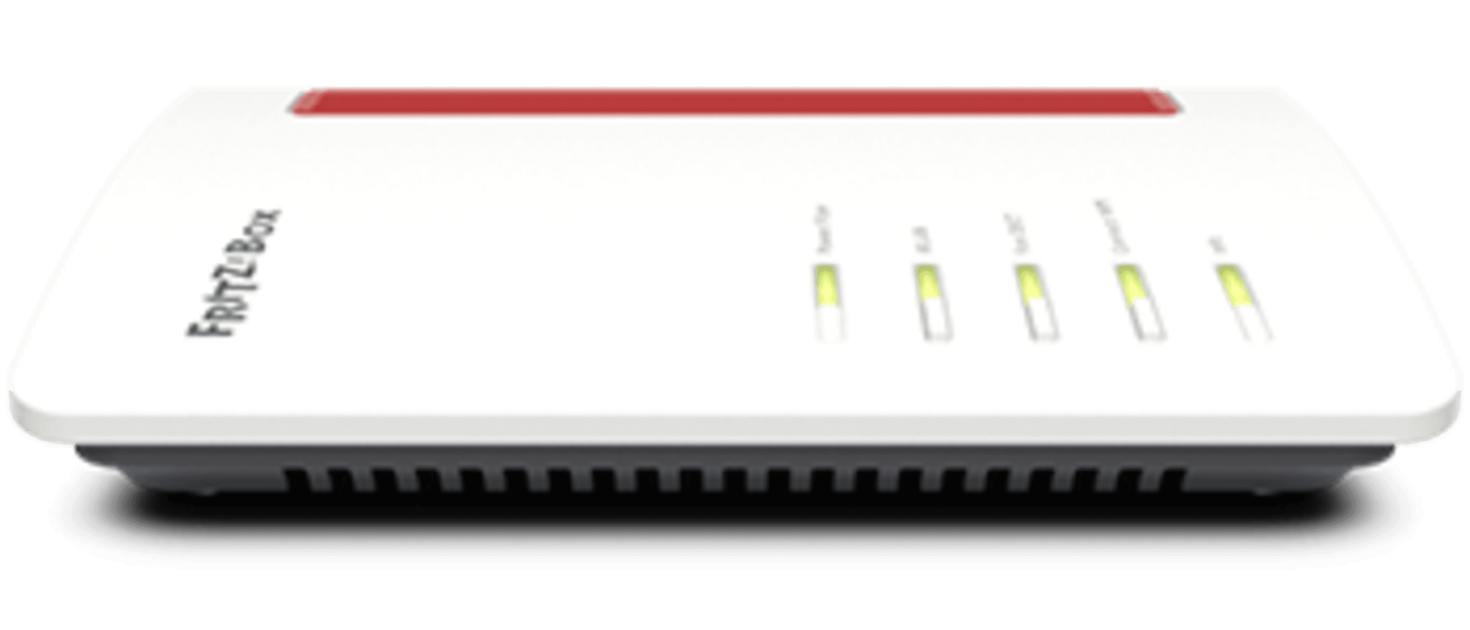 Fritz!Box Router 5530 Weißer Fritz!Box Router mit rotem Streifen und vier LED-Anzeigen: „Power“, „DSL“, „WLAN“ und „Info“, sowie „FRITZ!Box“-Schriftzug auf der Vorderseite.