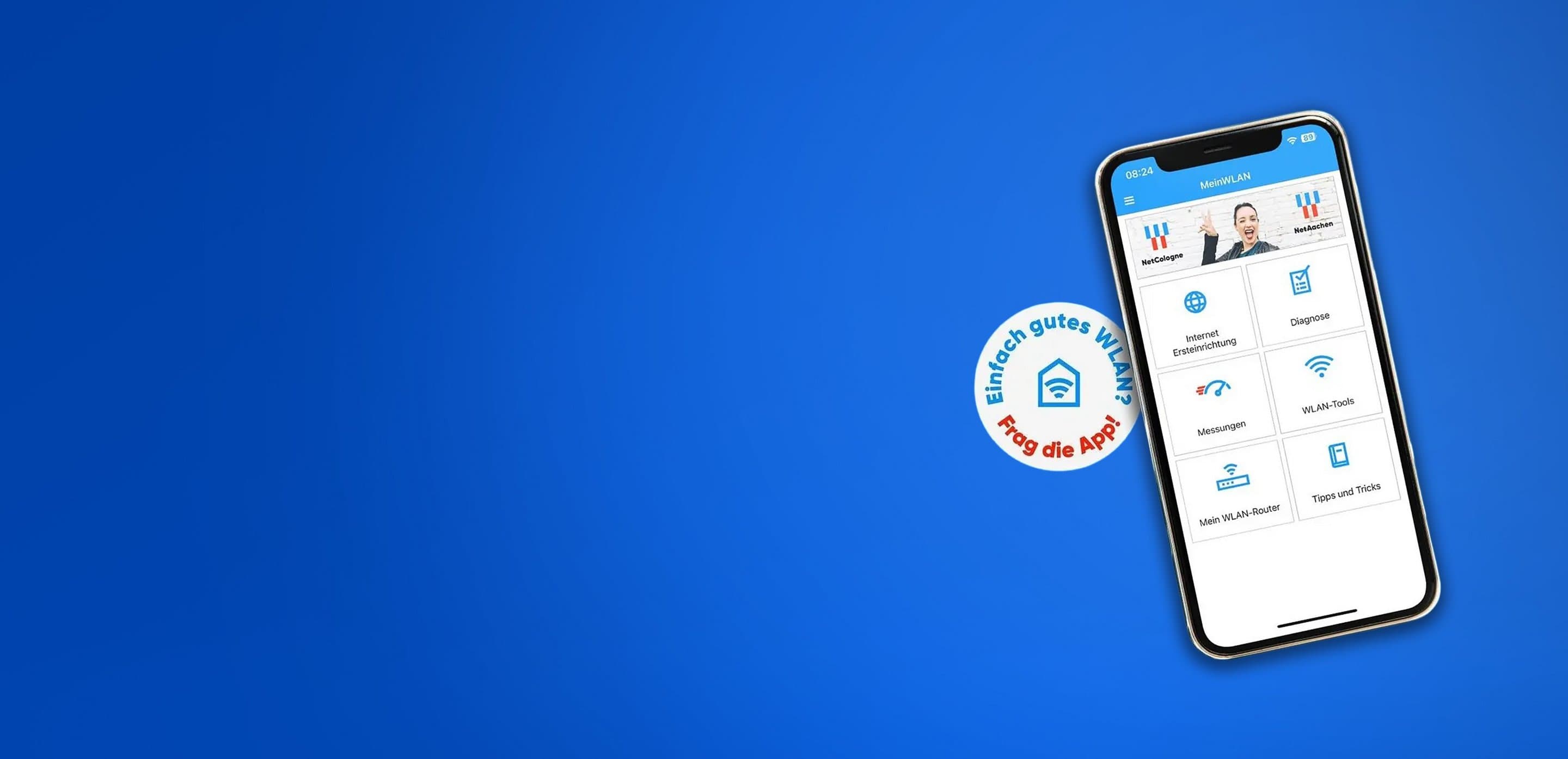 Hellblauer Hintergrund auf dem ein Smartphone mit der MeinWLAN App zu sehen ist