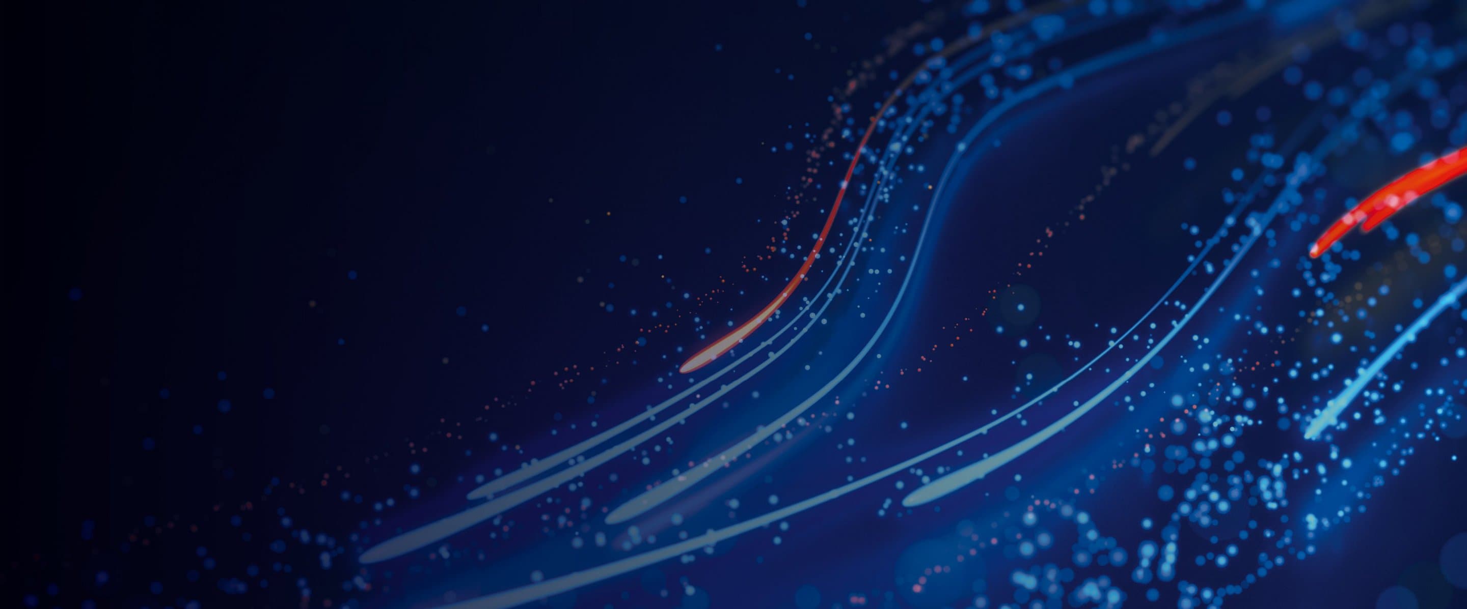 Abstraktes Muster auf dunkelblauem Hintergrund mit geschwungenen Linien und Punkten in Blau-, Weiß- und Rottönen. Die fließenden Linien symbolisieren die Geschwindigkeit und Dynamik moderner Glasfaser.
