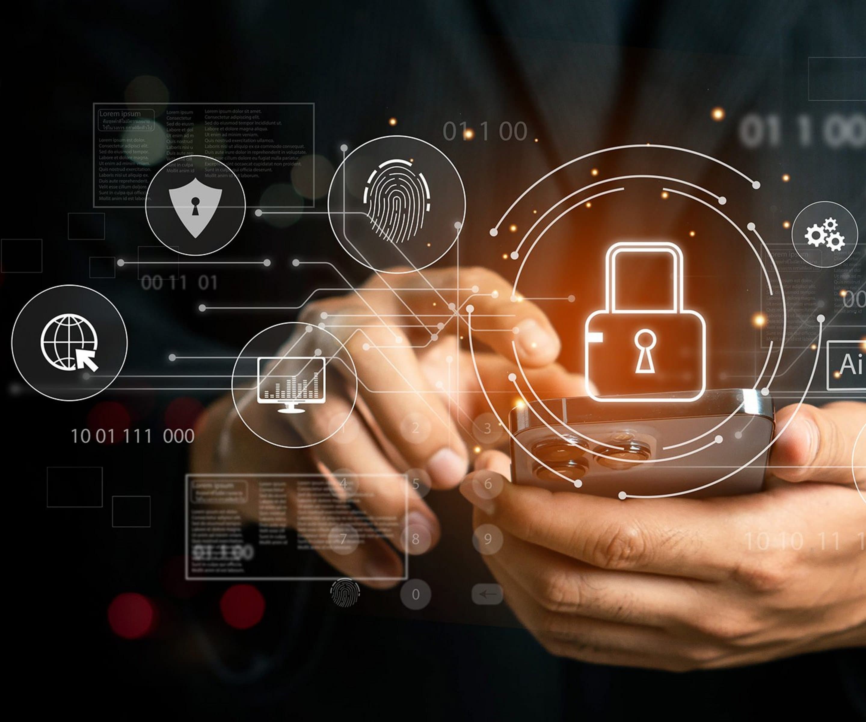 Firewall Nahaufnahme von Händen, die ein Smartphone halten, umgeben von digitalen Symbolen für Sicherheit, Fingerabdruck, KI, Netzwerk und Datenanalyse.