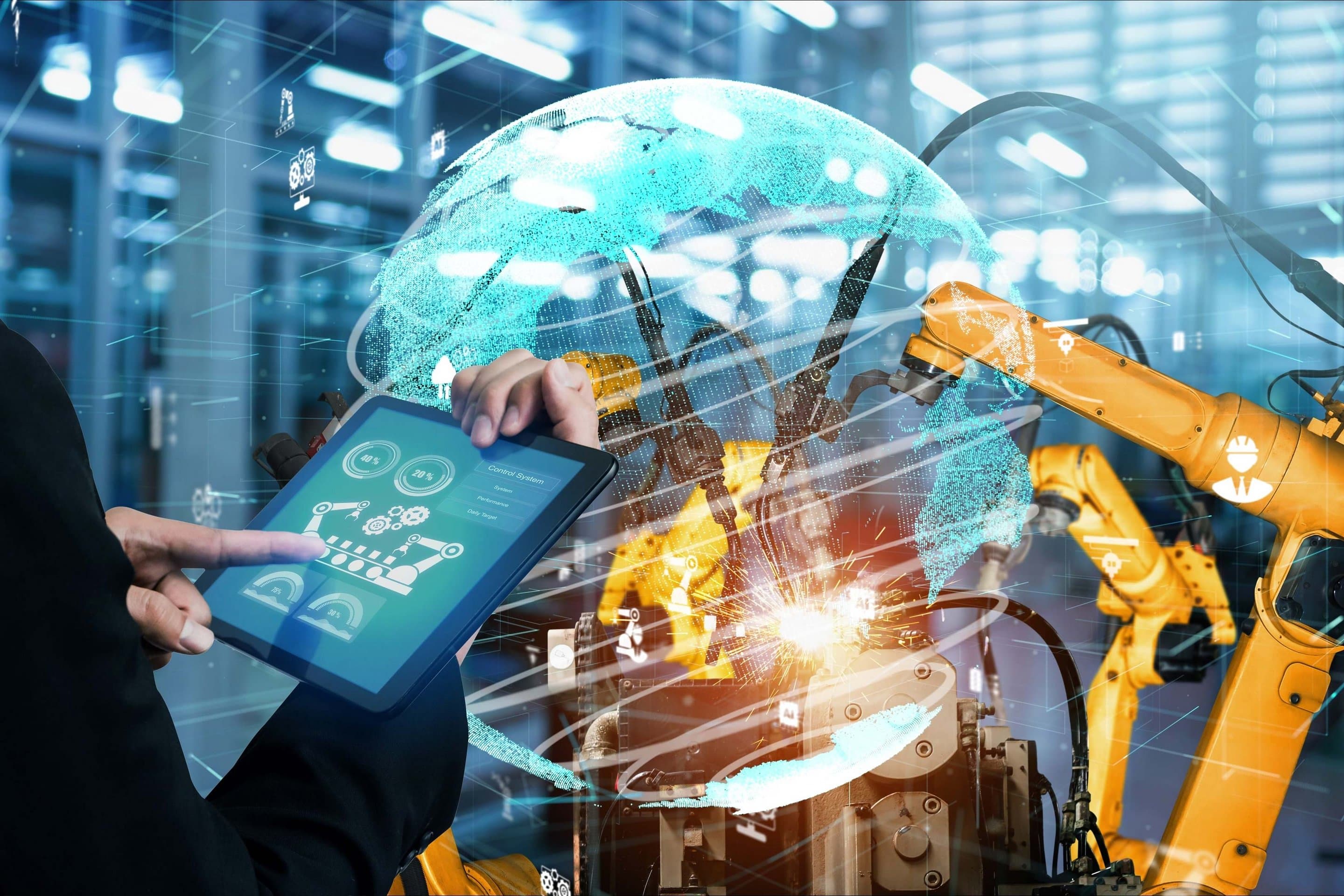 IoT - vernetzte Maschinen und virtuelle Welt. Symbolbild für Internet of Things / Iot.