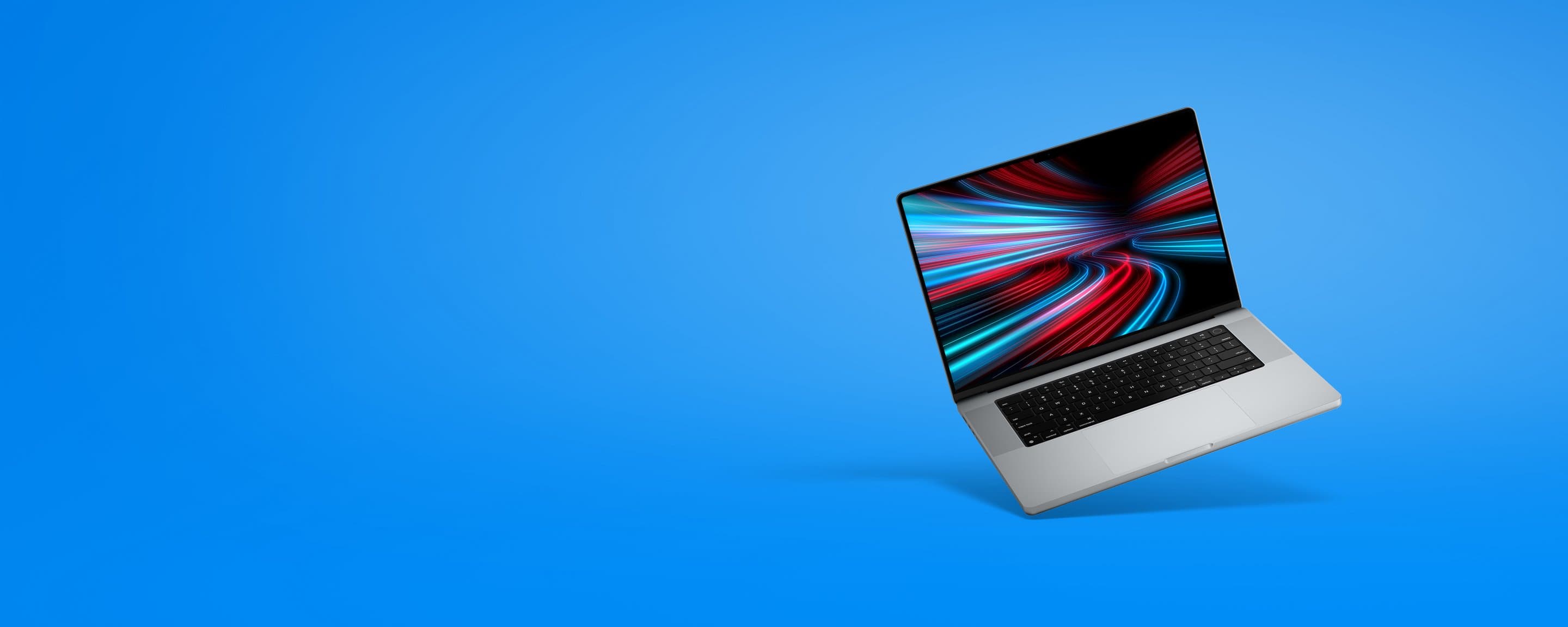 Kombipaket Internet Vor einem blauen Hintergrund steht ein silberner Laptop mit schwarzer Tastatur und einem Bildschirm, der ein abstraktes Lichtmuster in Rot, Blau und Weiß zeigt.