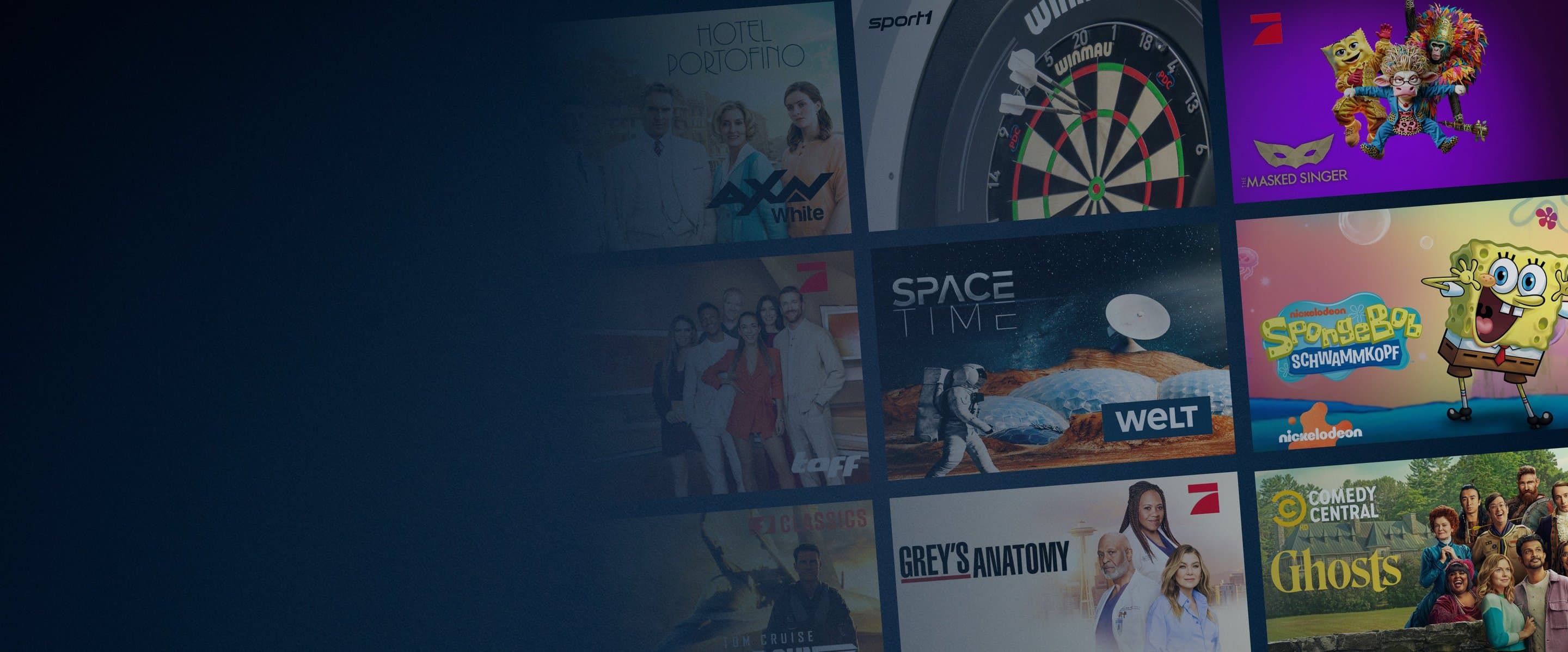 Übersicht verschiedener TV‑Sender und Seriencover, die als Teil der HD‑Pakete verfügbar sind