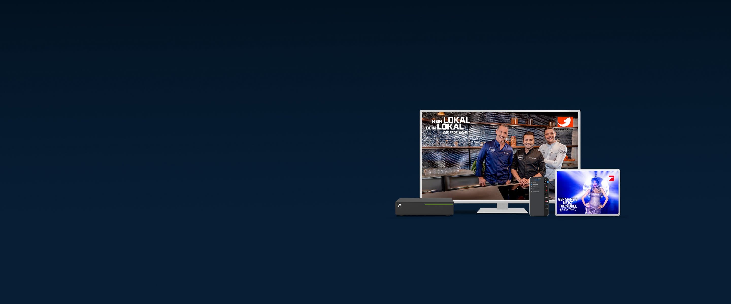 NetTV-Box, Fernseher, Smartphone und Laptop vor blauem Hintergrund spielen NetTV-App ab